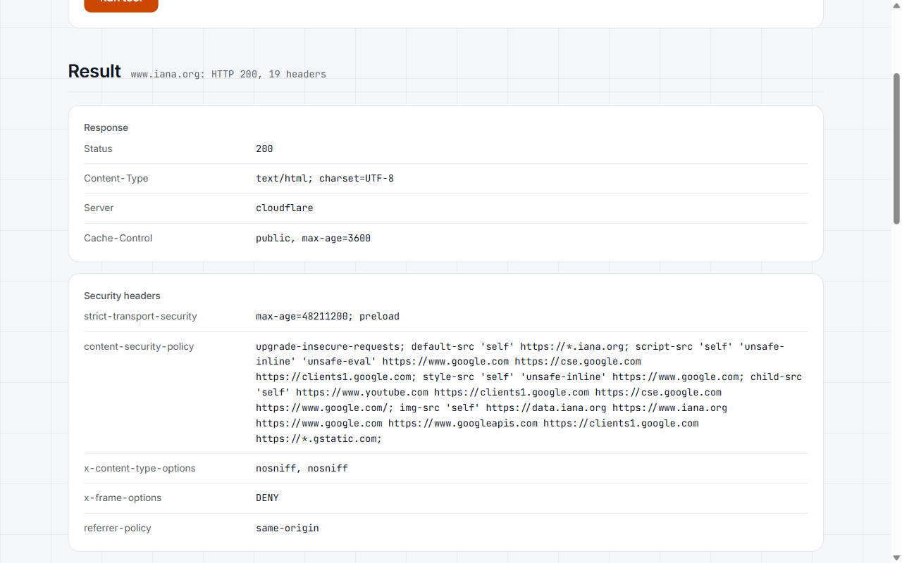 HTTP headers checker result showing graded security headers and the full header table
