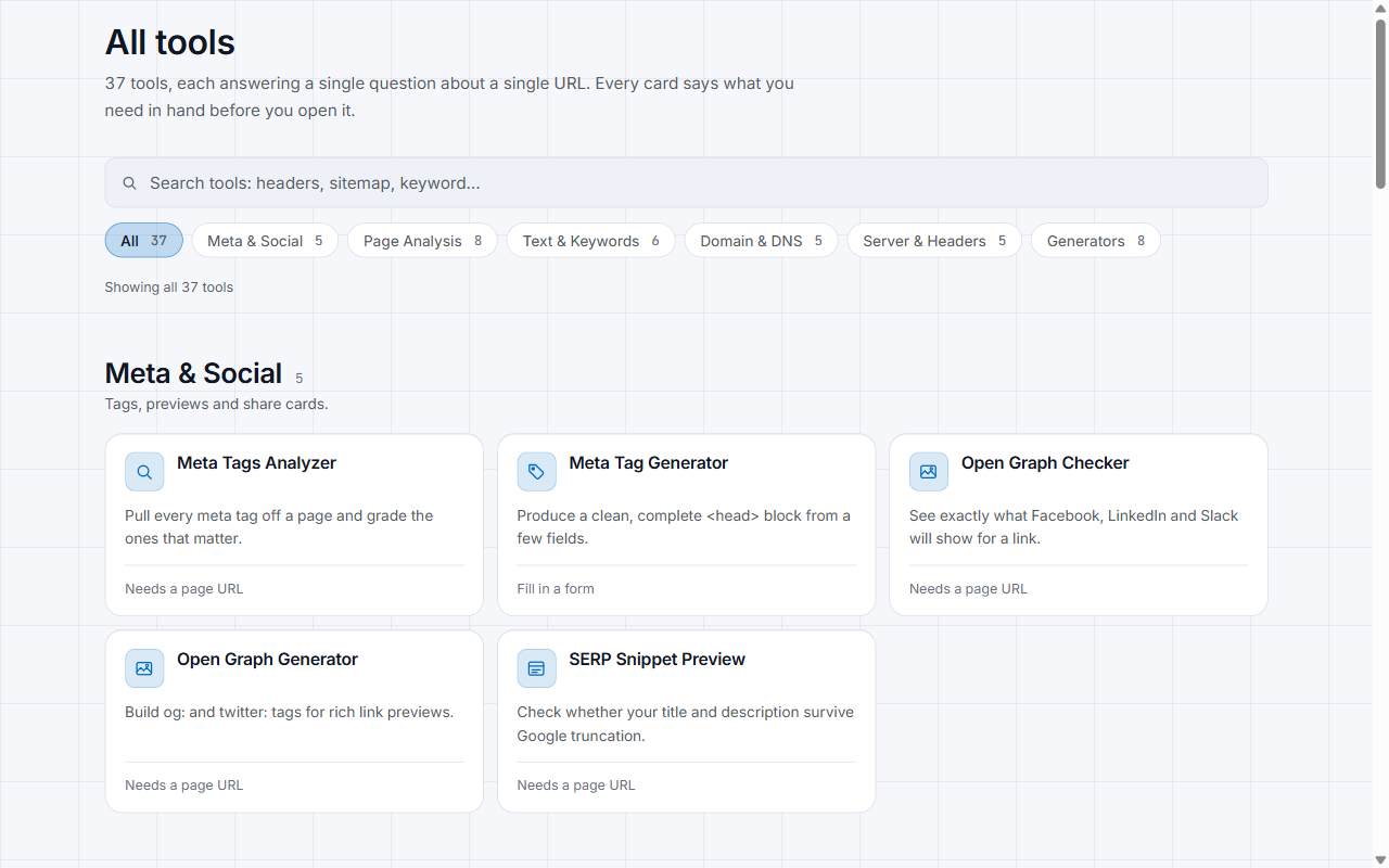 Tool index with search, category filters and cards showing the input each tool needs